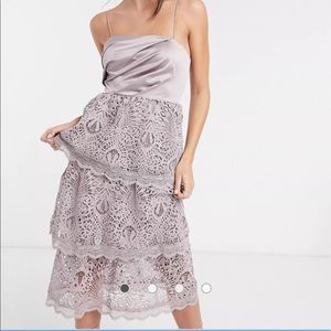 ASOS tiered lace midi dress with satin top NWOT